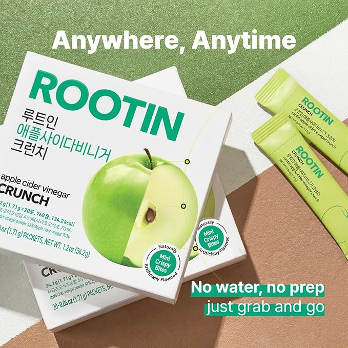 ROOTIN Apple Cider Vinegar Crunch 43% ACV Powder Sweet Chewable After-Meal Freshness Snack Waterless Portable Stick Packs Low Calorie Wellness Supplement 20 Sticks (1.2 oz)