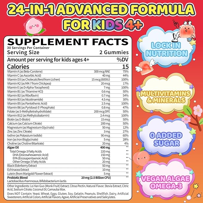 Organic Kids Multivitamin Gummies: Sugar Free Multi Vitamin Gummy with Vitamins D3 Iron Omega Probiotic Elderberry Calcium Zinc Dha - Immune Focus Health Support for Teen Boys Girls(120Count)