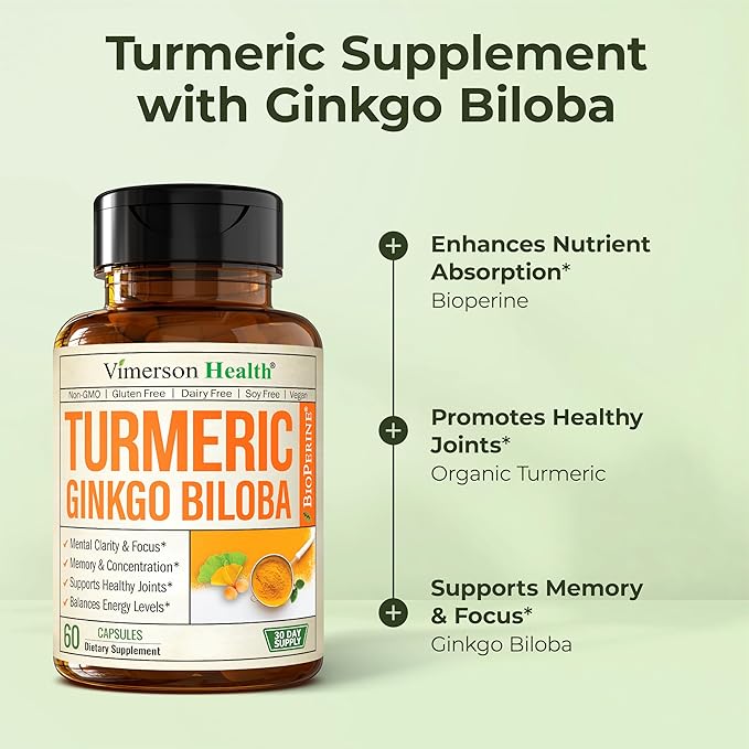 Ginkgo Biloba and Turmeric Curcumin Supplement w/Black Pepper &amp Organic Tumeric – Natural Turmeric Supplement for Focus Memory Joint &amp Brain Health – Vegan Ginko Biloba Capsules w/Curcuma –