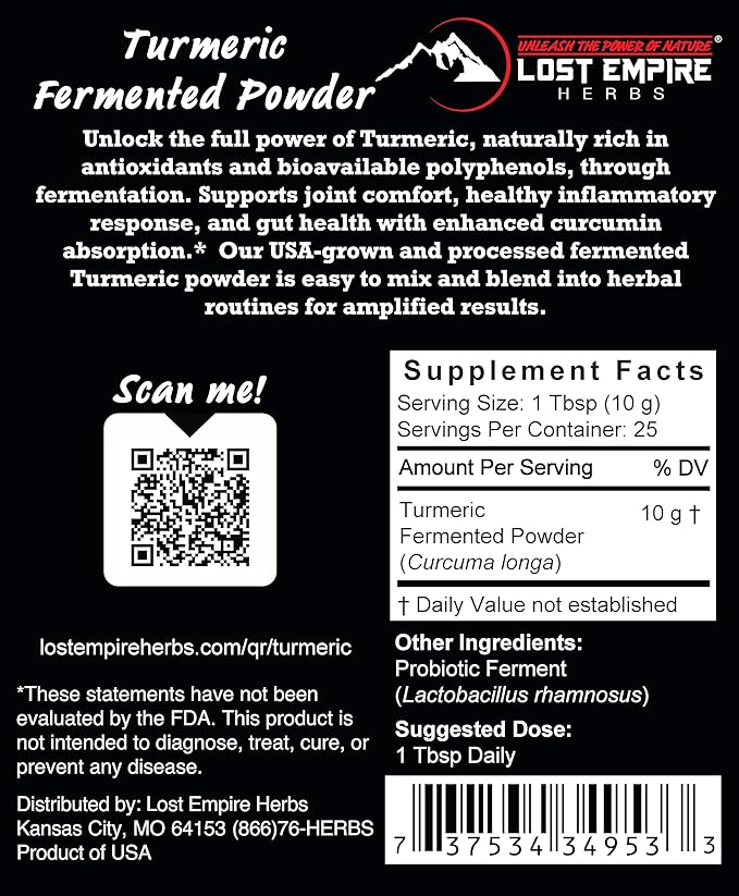 Lost Empire Herbs Fermented Turmeric Powder | USA Grown &amp Processed | Promotes Balance Vitality &amp Wellbeing (250 Grams)