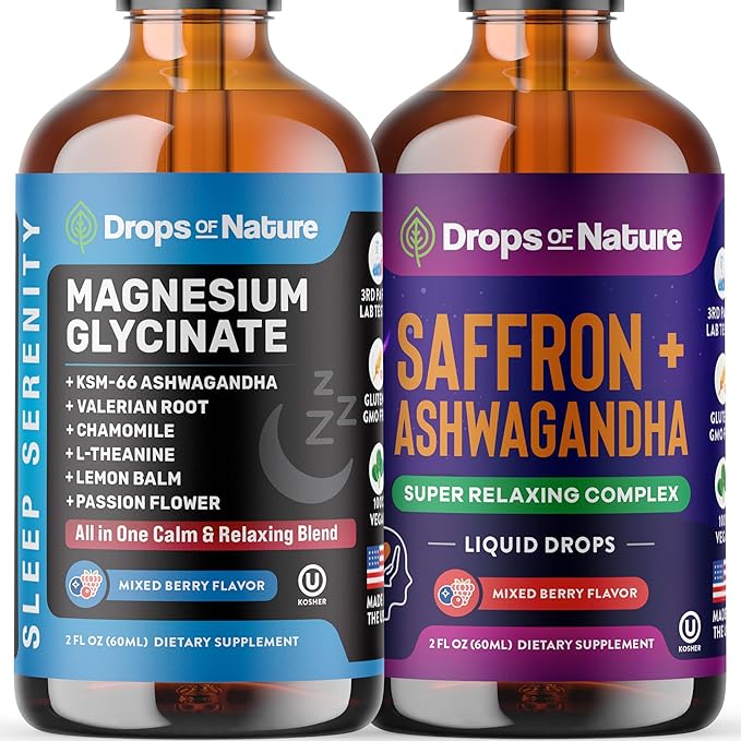 Drops Of Nature Ashwagandha &amp Saffron Liquid Supplement (Mixed Berry 60mL) &amp Magnesium Glycinate &amp Ashwagandha Drops (Mixed Berry 60mL) – Vegan Non-GMO – Herbal Relaxation &amp Magnesi