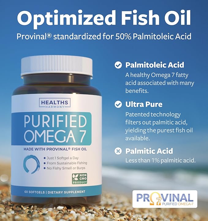 Omega 7 Softgels &amp Thyroid Support (2-Month Supply) Energy Fusion Bundle - Purified Omega-7 Softgels (60 Softgels) Provinal Peruvian Anchovy and Thyroid Support (120 Capsules) Healths Supplement