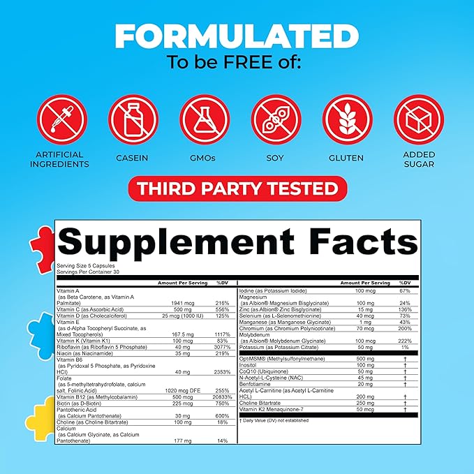 My Spectrum Heroes Children's Multivitamin Supplement - Acetyl-l-carnitine Choline Coenzyme Q10 Inositol MSM MTHF NAC for Daily Nutritional Help and Cognitive Health (150 Capsules)