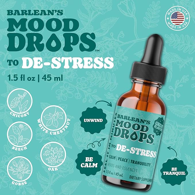 Barlean's Mood Booster Supplement De-Stress Liquid Drop Supplements for Men and Women Ashwagandha and L Theanine Extract Adaptogen Herbs Drops 1.5 oz