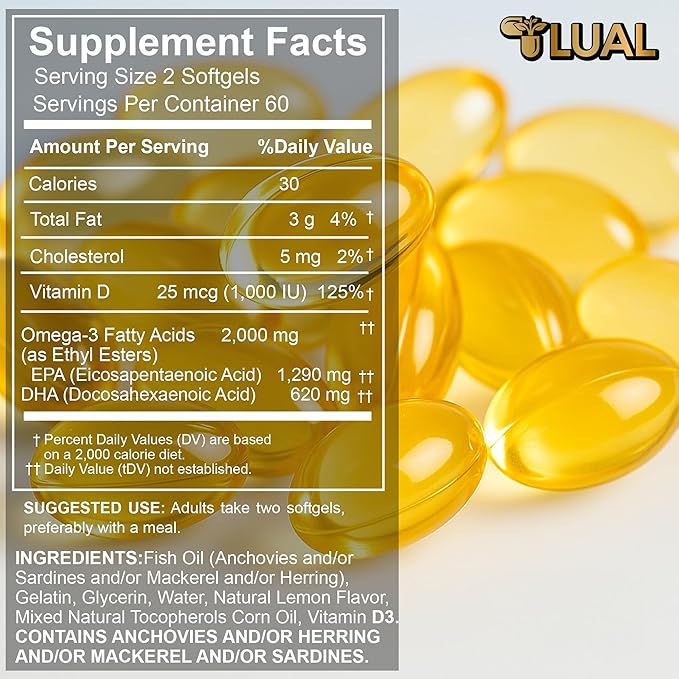 Omega-3 from Fish Oil 2000 mg for Eye Brain Bone &amp Heart Health Dietary Supplement Softgels 120 Count (120 Count)