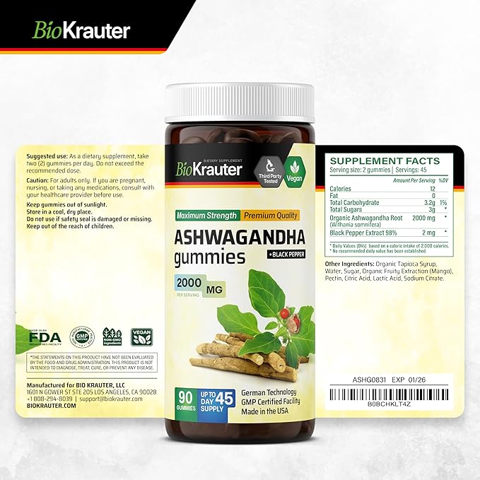 BIO KRAUTER® Ashwagandha Gummies for Mood Magic &amp Relaxation Support 2000 mg - Vegan Ashwagandha Supplements for Women &amp Men - 90 Relax Gummies - 45 Days of Supply Mango Flavor - Non-GMO