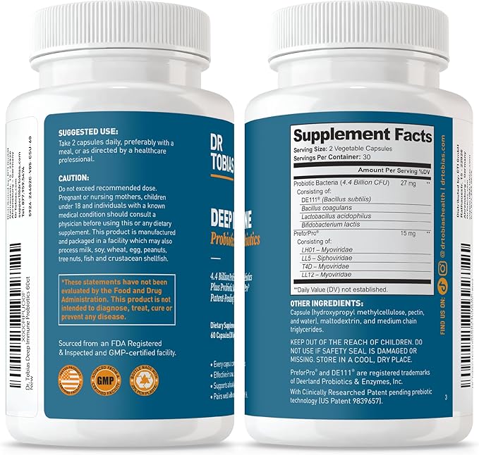 Dr. Tobias Deep Immune Probiotics &amp Prebiotics - Dual Action Digestion &amp Immune Support with PreforPro Prebiotics &amp Delayed Release Spore Forming Probiotics for Women &amp Men - 60 Capsul