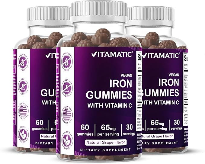Vitamatic Iron 65 mg Gummies Supplement for Women &amp Men - 60 Vegan Gummies - Great Tasting Iron Gummy Vitamins with Vitamin C (3)