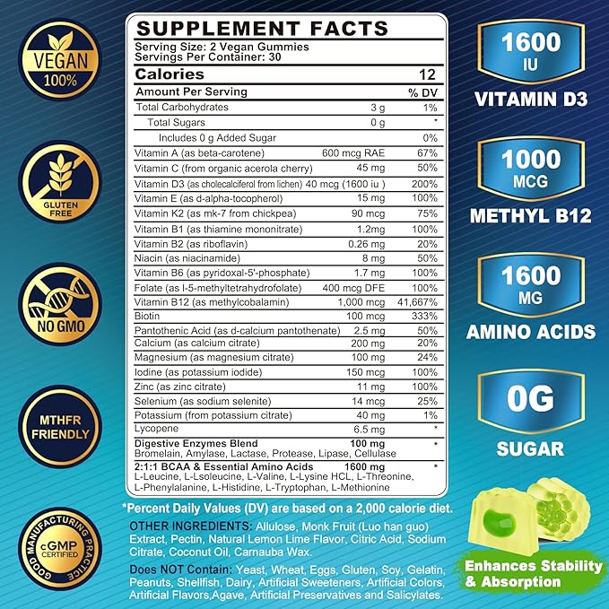 2 Pack Methylated Multivitamin for Men Gummies BCAA Amino Acids Zinc Biotin Vitamin A C E D3 K2 B Complex Calcium Magnesium Lycopene Digestive Enzymes - Energy Muscle Immune - Sugar Free Vegan