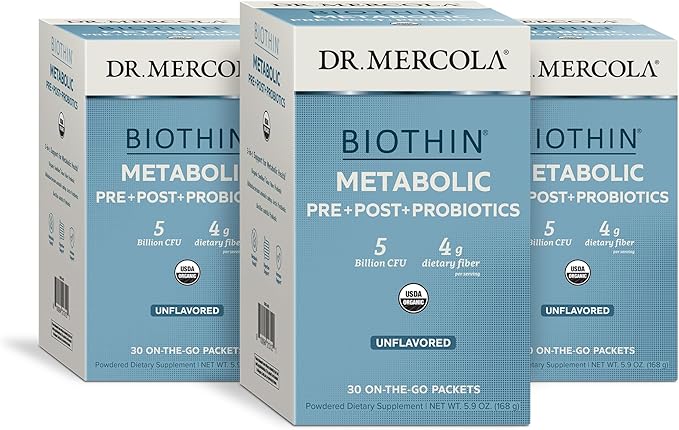 Dr. Mercola Biothin Metabolic Pre + Post + Probiotics Unflavored 30 Servings (30 Packets) Dietary Supplement 5 Billion CFU 4 g Dietary Fiber Certified USDA Organic Non-GMO
