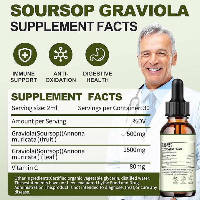 (3 Pack) Soursop Graviola Liquid Drops 2000mgImmune BoostCell Support &amp RegenerationNatural AntioxidantSoursop Extract - 98% Sugar/Gluten Free Natural Flavor 6 Fl Oz