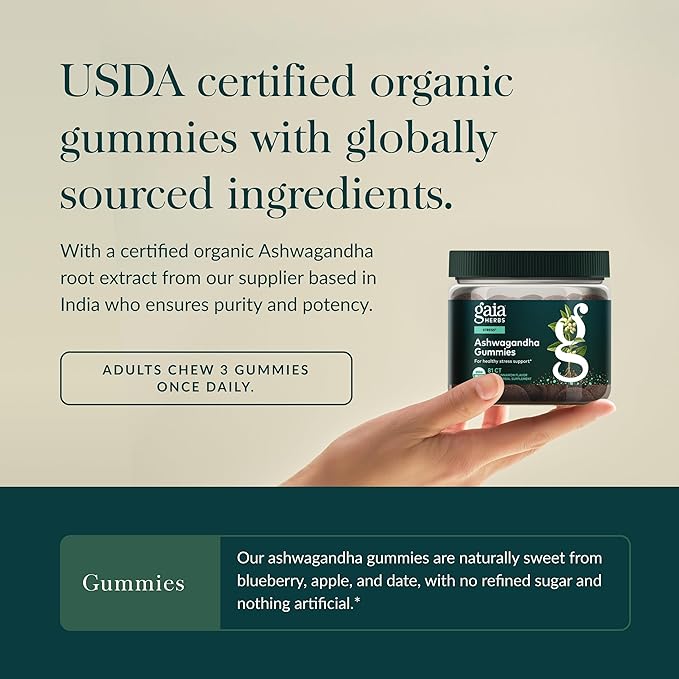 Gaia Herbs Organic Ashwagandha Gummies - Stress Support* - Made with Cinnamon &amp Ginger - Gluten Free &amp Vegan - 81 Count (27 Servings)