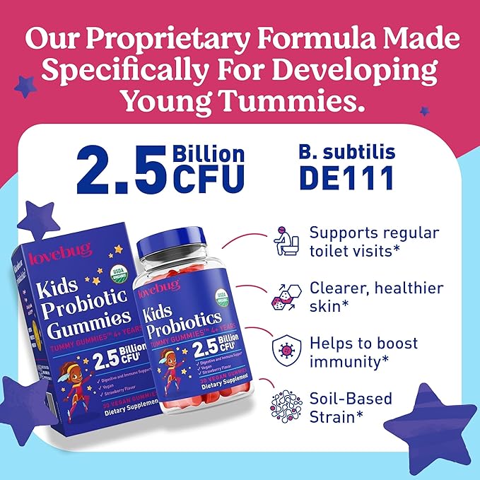 LOVEBUG Kids Probiotic Gummies – Organic Chewable Probiotics for Kids Aged 4+ Soil- Based Children’s Probiotic for Gut HealthConstipationDigestive &amp Immune Support Vegan 60 Chews Strawberry