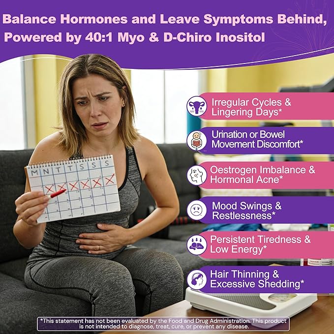 Myo-Inositol &amp D-Chiro Inositol Gummies + MTHF Folate Methyl B12 Vitamin B6 &amp D3 Inositol Supplement for Women for Ovarian Hormone Balance PMS Sleep Mood &amp Energy 40:1 Ratio Sugar