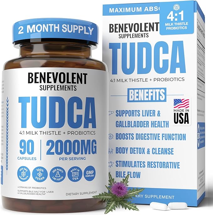 2000mg Advanced TUDCA Supplement - Max Absorption TUDCA Bile Salts with 4:1 Milk Thistle and Probiotics - Supports Liver Detox &amp Cleanse Gallbladder Gut &amp Kidney Health - 90 Vegan Capsules