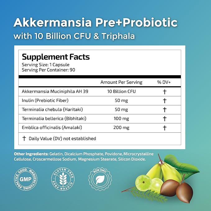 Akkermansia Probiotic 10 Billion CFU - Advanced GLP-1 Support Probiotic+Prebiotic | for Gut &amp Metabolism Support - No Bloating | with Inulin &amp Triphala | (90 Capsules - 3 Month Supply)