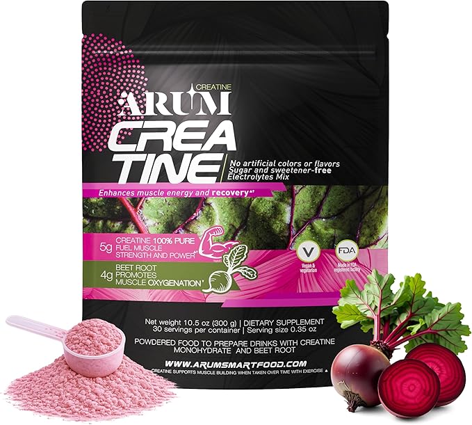 ARUM Creatine with Beetroot &amp Electrolytes – Micronized Creatine Monohydrate Powder 5g + Beet Extract 4g – Muscle Strength Endurance Hydration &amp Recovery – Vegan Sugar-Free 30 Servings