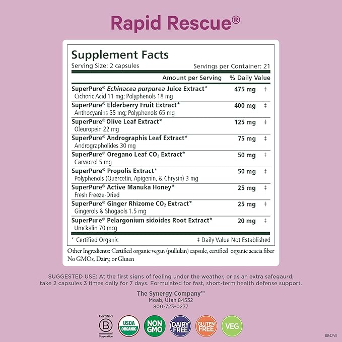PURE SYNERGY Rapid Rescue | Organic Immune Support Capsules | Herbal Supplement with Echinacea Elderberry and Olive Leaf Extracts | for Immediate Immune Support (42 Capsules)