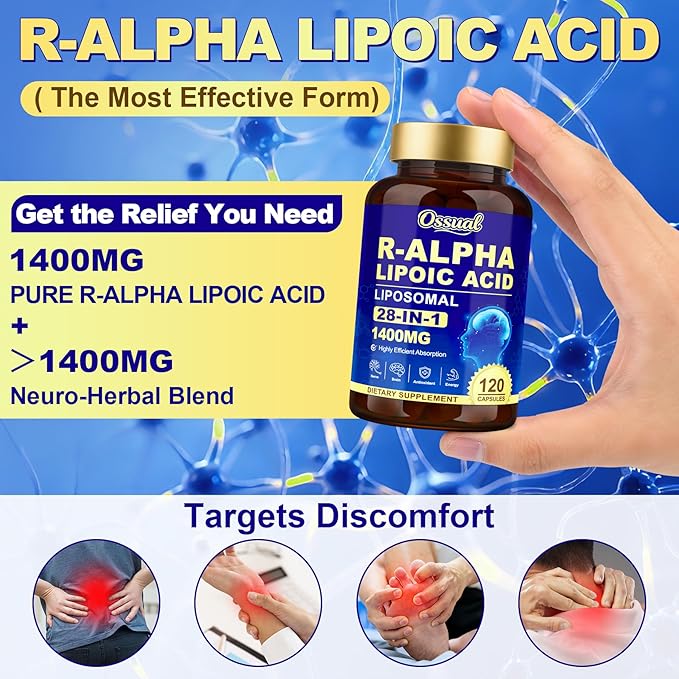 1400MG R Alpha Lipoic Acid 28-in-1 Stabilized ALA Supplements Neuropathy Supplements with L-Carnitine NAC &amp B-Complex R-ALA Supplement Antioxidant for Nerve Brain Energy丨Vegan 120 Capsules