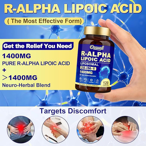1400MG R Alpha Lipoic Acid 28-in-1 Stabilized ALA Supplements Neuropathy Supplements with L-Carnitine NAC &amp B-Complex R-ALA Supplement Antioxidant for Nerve Brain Energy丨Vegan 120 Capsules
