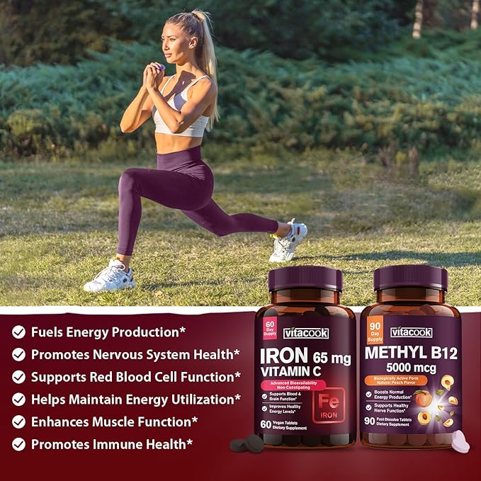 Iron and Vitamin B12 Bundle 5000 mcg B12 Zero Sugar Carbonyl Iron with Vitamin C Gentle on The Stomach