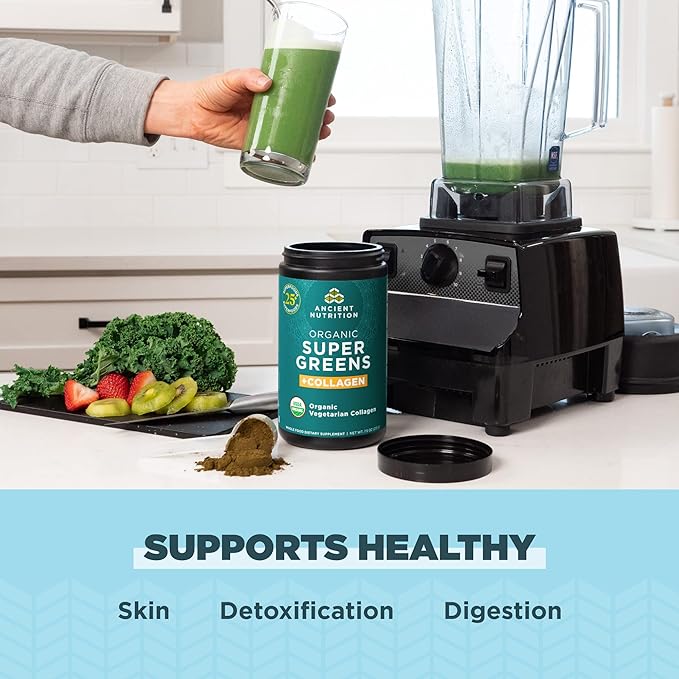 Ancient Nutrition Supergreens Powder Organic Superfood Powder with Collagen Made from Real Fruits Vegetables and Herbs for Digestive and Energy Support 25 Servings 7.5oz