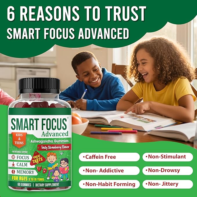 Kids Focus Gummies with Calm Ashwagandha Supplements for Kids &amp Teens – Calm Gummies for Attention Memory &amp Relaxed Sleep – Natural Strawberry Flavor – 60 Gummies