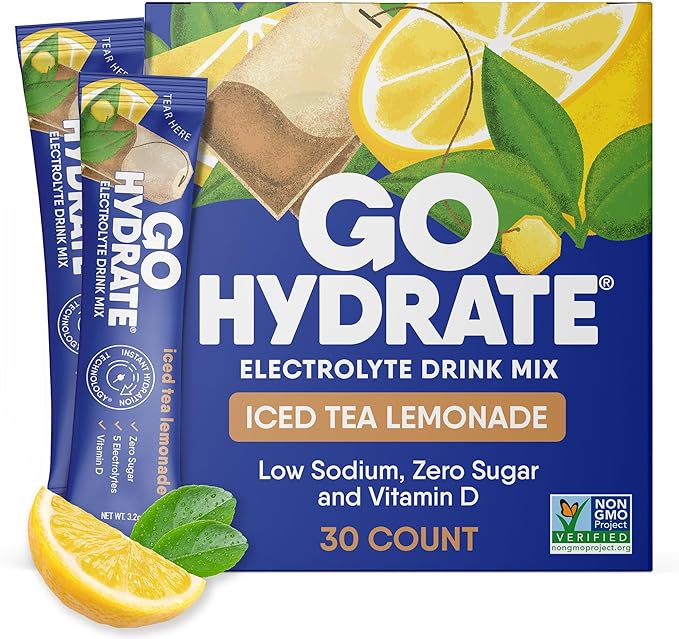 GoHydrate Low Sodium Electrolytes Powder Packets Sugar Free - Instant Hydration Daily Drink Mix - Zero Sugar Water Flavor Packet Singles with Vitamin D - (Iced Tea Lemonade 30 Packs)