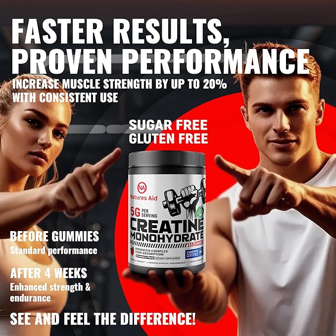 Natures Aid NSF Certified Creatine Gummy 5g - Creatine Monohydrate Gummies – Pre-Workout Energy &amp Muscle Growth Support for Men &amp Women | Strawberry Electrolyte Gummies (135 Count)