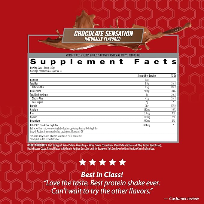 iSatori 100% Bio-Active Whey Protein Muscle Growth &amp Recovery with Whey Isolate Hydrolysate Concentrate BCAAs &amp Colostrum Peptides 25g of Protein Per Serving - Chocolate Sensation (26 Ser