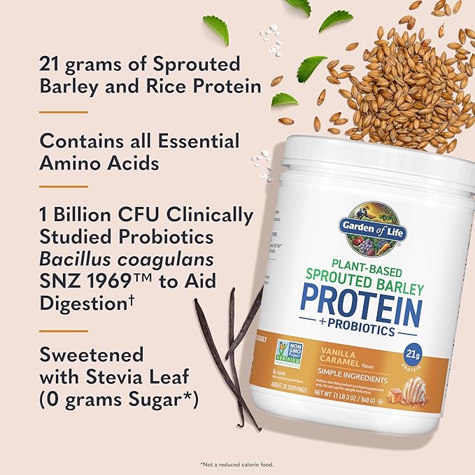 Garden of Life Plant-Based Sprouted Barley Protein Vanilla Caramel with 21g Protein 0g Sugar &amp Clean Ingredients Upcycled Barley Probiotics Non-GMO use in Shakes Smoothies &amp Baking 20