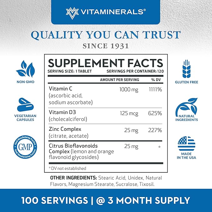 Vitaminerals® 106 Z D C CHEWABLES | Zinc | Vitamin C &amp D | Natural Citrus Flavor | 120 Chewable Tablets