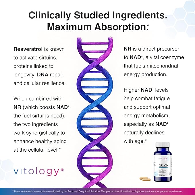NR+ 300 | Nicotinamide Riboside 300mg with Resveratrol 50mg | Supports NAD+ Levels Cellular Energy &amp Healthy Aging | 60 Capsules