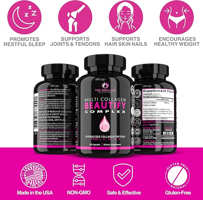Collagen Pills - Beautify Multi Collagen Complex Capsules Type I II III V X | Extra Strength Hydrolyzed Collagen Peptides Supplements. Hair Skin Nails Vitamins 1800mg Collagen Capsules (1)