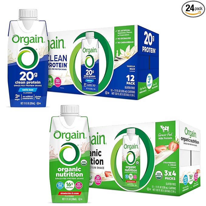 Orgain Clean Protein Shake Grass Fed Dairy Vanilla Bean (Pack of 12) and Orgain Organic Nutritional Protein Shake Strawberries &amp Cream (Pack of 12)