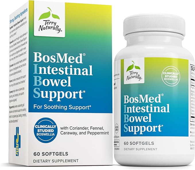 Terry Naturally BosMed Intestinal Bowel Support - Digestive &amp Intestinal Support Supplement - Bowel Health Supplement - Gut Health Support with Coriander Fennel Carraway &amp Peppermint - 60 So