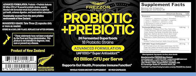 FREZZOR Probiotic + Prebiotic Capsules Once Daily 60 Billion CFUs Digestive Health for Men and Women 18 Strains Shelf Stable With Fermented Wholefoods Prebiotic &amp Fibre 270 caps 3 Month Su