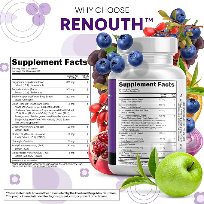 Clean Nutraceuticals Resveratrol Berberine Grape Seed Extract Quercetin Green Tea Extract Polyphenol Supplement for Women &amp Men N-Acetyl Cysteine Acai - 2Pack