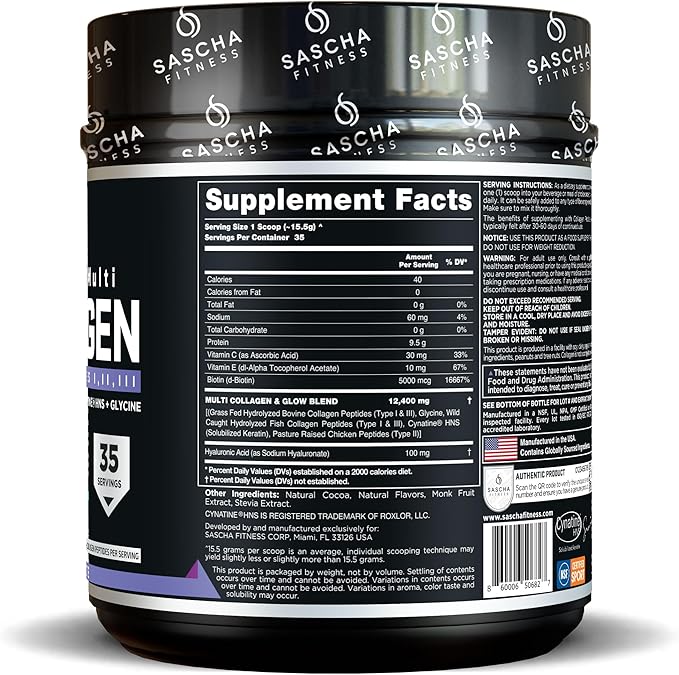 SASCHA FITNESS Hydrolyzed Multi Collagen Peptides Tipes 12 &amp 3 |Hyaluronic Acid|Biotin Cynatine HSN|Vitamin C &amp E |for Hairs Skin &amp Bone Support|Chocolate Flavor
