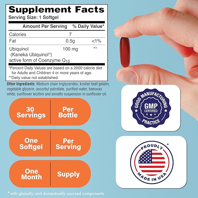 Health Thru Nutrition Ubiquinol 200mg 30 Softgels as Kaneka QH Reduced CoQ-10 | Stabilized - 3rd Party Tested | Enhanced Bioavailability | Cardiovascular &amp Mitochondria Function Support | Non-GMO