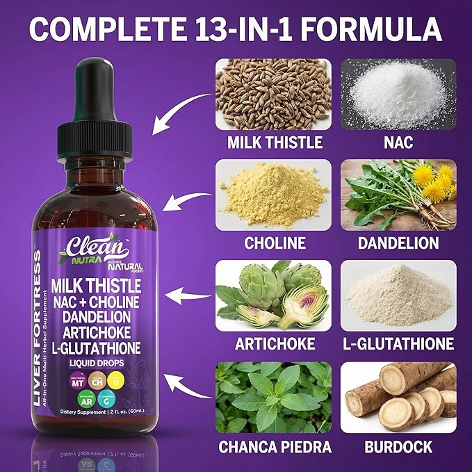 Clean Nutraceuticals Milk Thistle NAC Liver Cleanse Detox &amp Repair Supplement Liver Support Liquid Drops with Dandelion Extract Artichoke Chanca Piedra Choline L-Glutathione Burdock Schisand