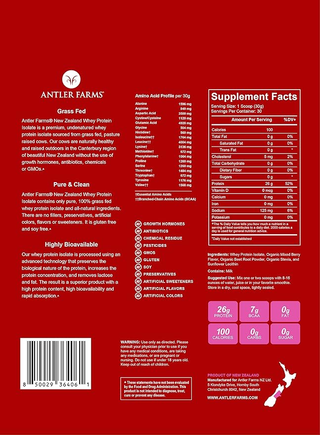 Antler Farms - 100% Grass Fed New Zealand Whey Protein Isolate Mixed Berry Flavor 30 Servings 2 lbs - Delicious Cold Processed Rapidly Absorbed Keto Friendly NO-Hormones NO-GMOs