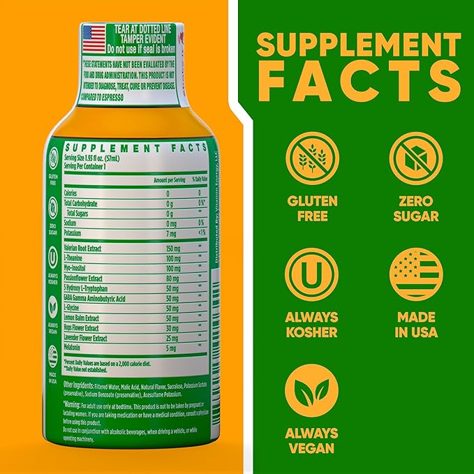 Vitamin Energy 8 Hour Sleep Shot Mango 24 Pack Melatonin 5-HTP GABA Valerian Lavender Nighttime Relaxation &amp Sleep Support Supplement Zero Sugar Vegan Gluten-Free Kosher 1.93 fl oz