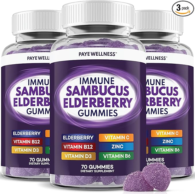 PAYÉ Elderberry Gummies Immune Support Daily Support for Kids and Adults* with Sambucus Elderberry Zinc Vitamin C D3 B6 B12 Plus - Dietary Supplement - 210 Count