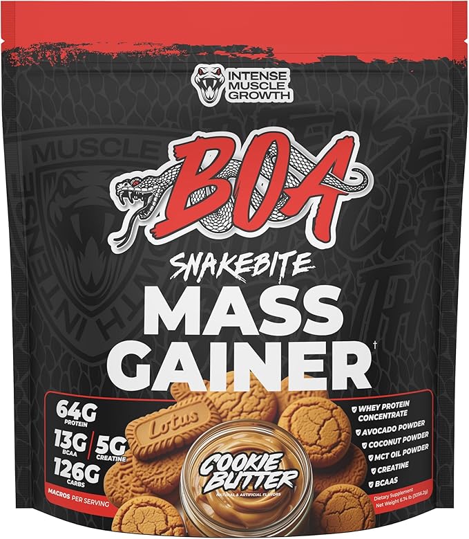 BOA Snakebite Mass Gainer Powder – 64g Protein 126g Carbs &amp 5g Creatine Per Serving – High Calorie Weight Gainer for Muscle Growth &amp Recovery – Chocolate Vanilla Cookie Butter (Cookie Butte