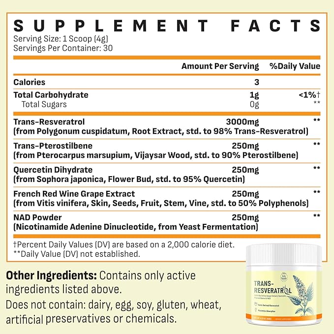 Trans-Resveratrol Powder Supplement with Red Wine Extract Quercetin Pterostilbene &amp NAD 4.23 OZ 30-Day Supply