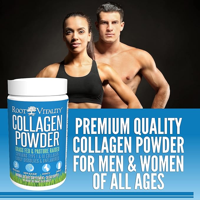 Root Vitality Collagen Peptides Powder - Grass-Fed Pasture-Raised Hydrolyzed Protein Supplement for Skin Hair &amp Nails - Non-GMO Zero Sugar Daily Supplement for Men &amp Women (30 Servings)