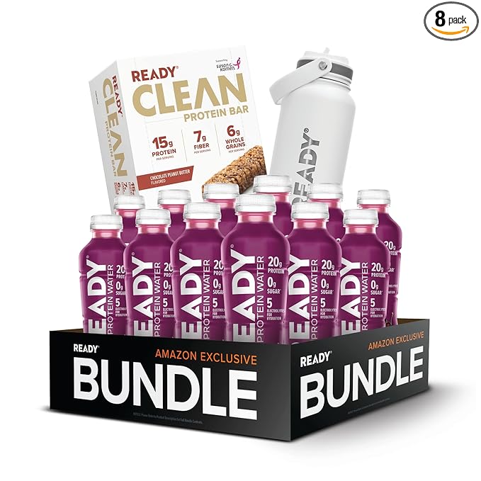 Ready® Best of Bundle – Black Cherry Protein Water Chocolate Peanut Butter Bars &amp Water Bottle | Amazon Exclusive