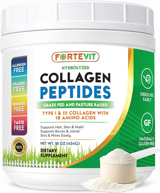 FORTEVIT Collagen Peptides Powder for Women &amp Men – Hydrolyzed Type I &amp III Grass-Fed Unflavored – Supports Skin Elasticity Hair Nails &amp Joint Health – Gluten-Free Non-GMO Keto &amp
