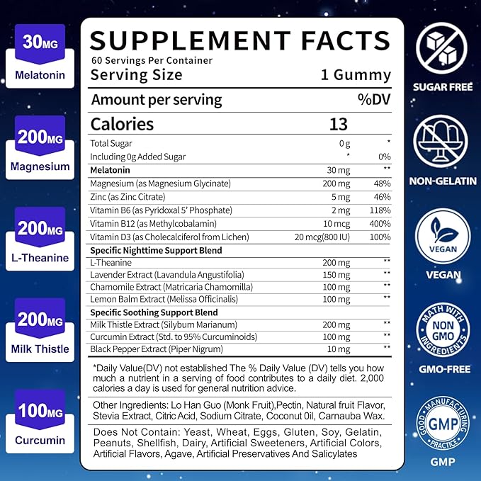 Adults Melatonin Gummies 30mg: Extra Strength Sugar Free Melatonin Gummies with Magnesium L-Theanine Chamomile Lavender Vitamin B12 B6 D3 - Nighttime Deep Zzz Aid Immune Support(120Count)